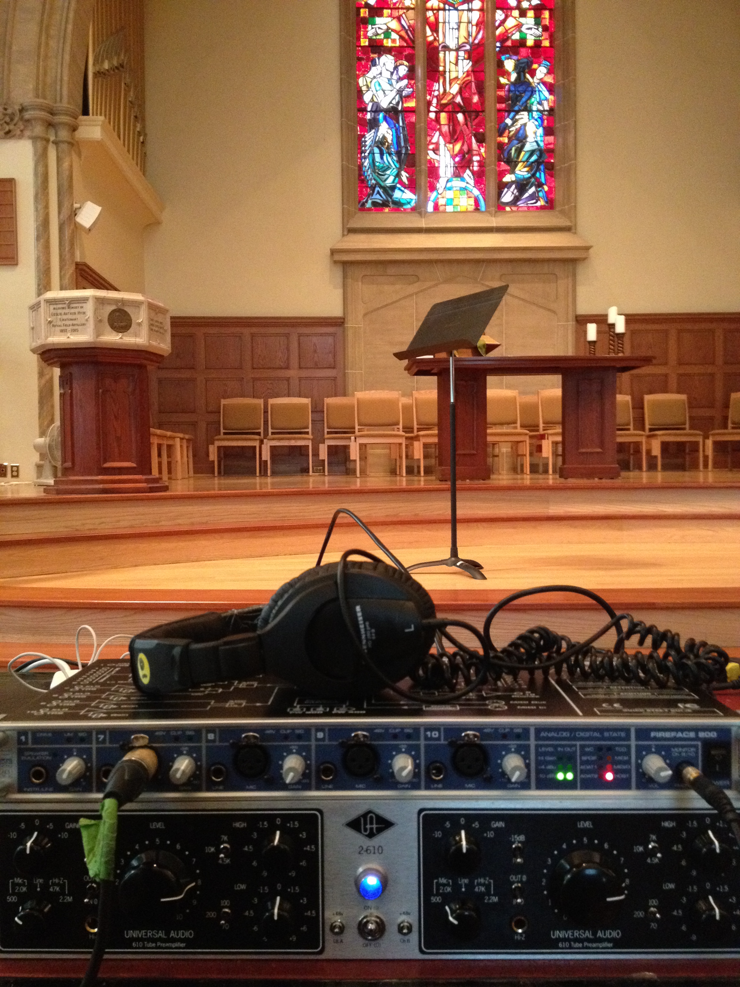 recording equipment with chapel background